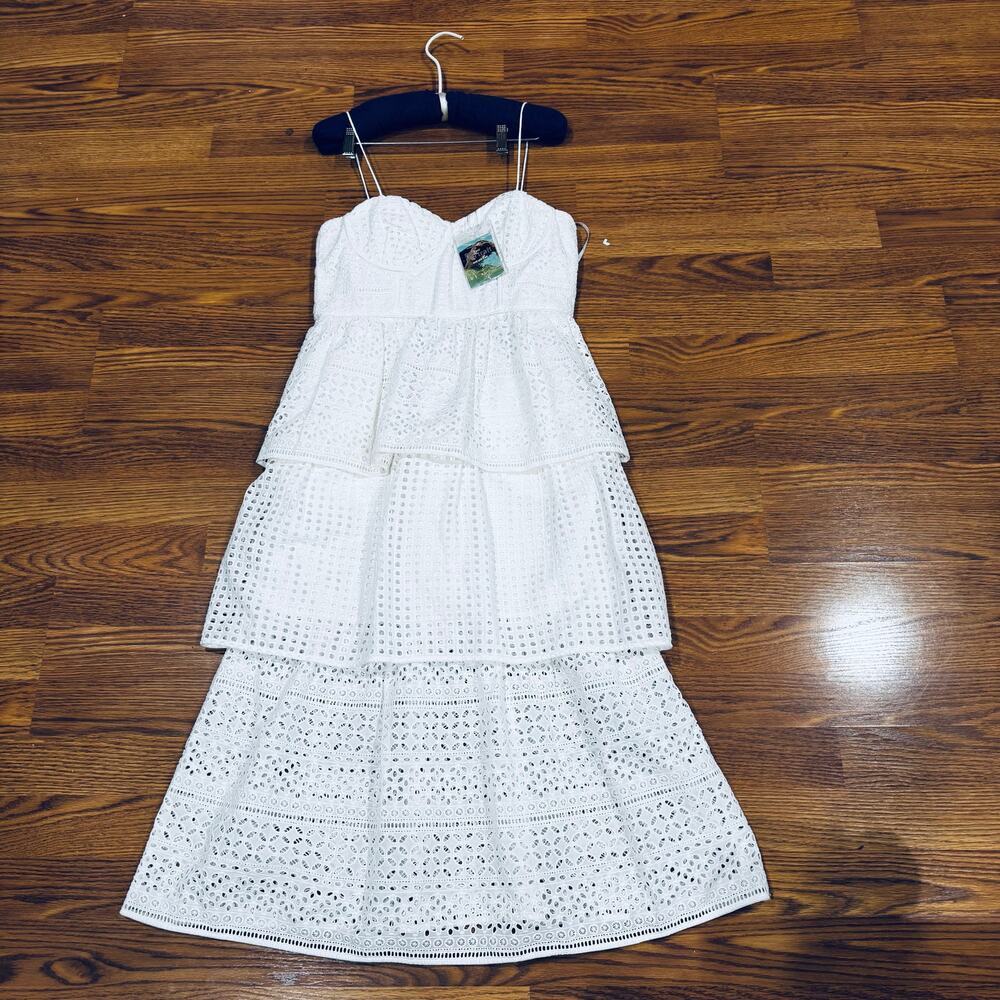 Self-Portrait White Bridal Broderie Anglaise Cotton Voile Tiered Midi Dress 6 - Picture 11 of 13
